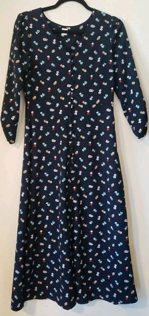Gap Dress Women's Size 0 Navy Blue Floral Button Front Long 3/4 Sleeve (V5